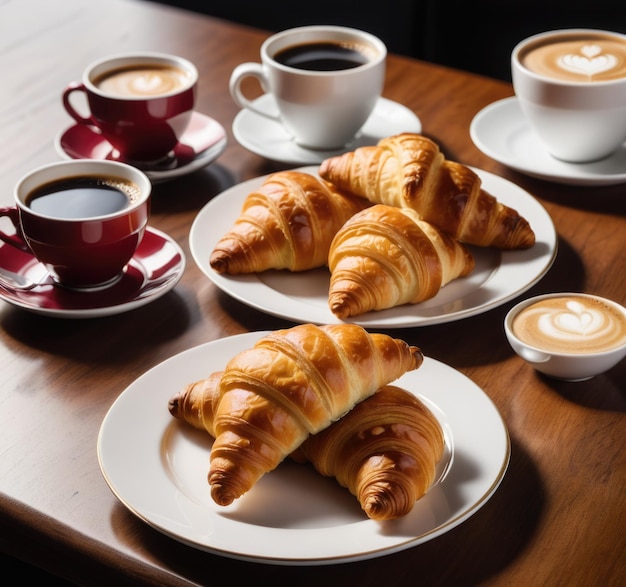 A plate adorned with freshly baked croissants accompanied by a steaming cup of coffee