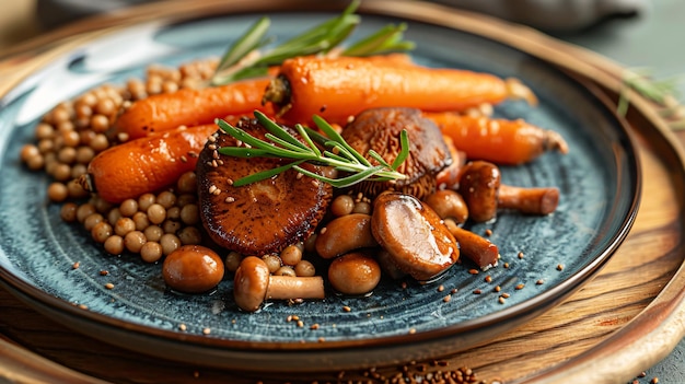 A plate adorned with savory fried buckwheat accompanied by mushrooms and carrots