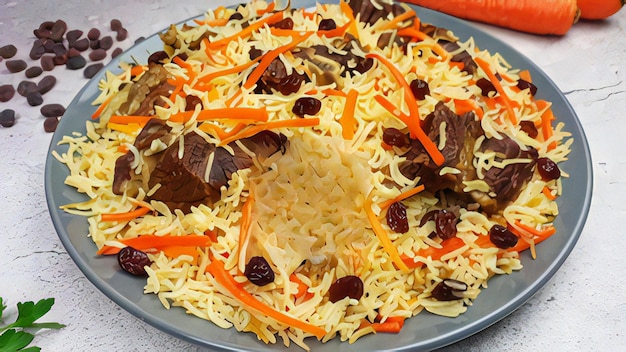 A plate of Afghani Beef Kabuli pulao