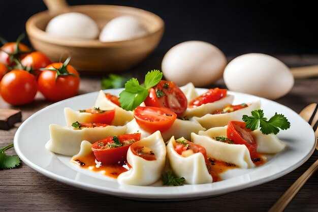 A plate of appetizers with eggs and tomatoes