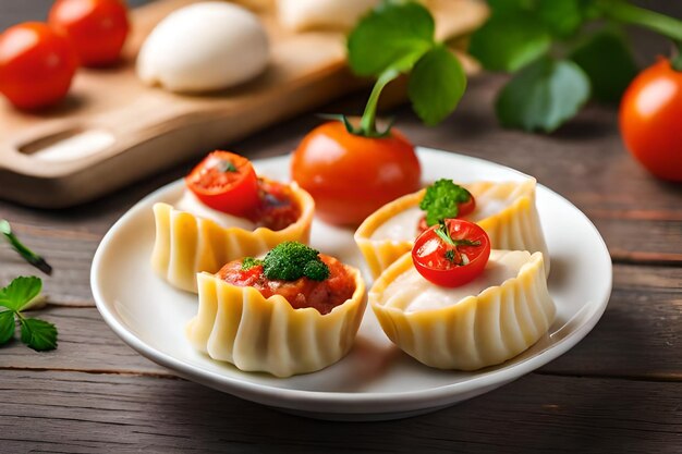 A plate of appetizers with tomatoes and garlic on a wooden table