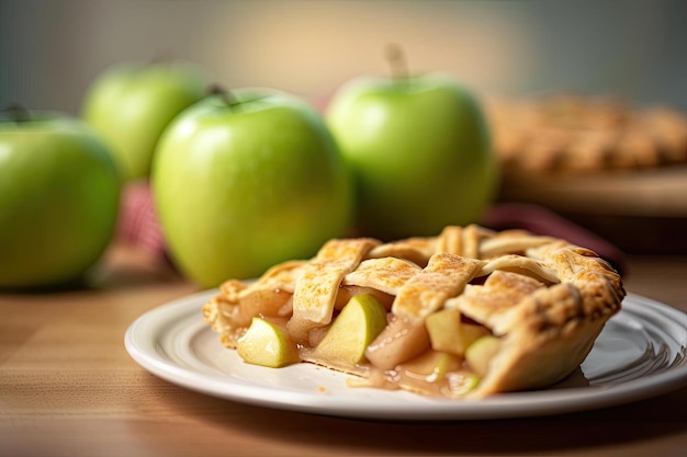 A plate of apple pie with green apples in the background