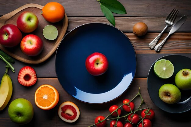 A plate of apples, oranges, and apples on a table.