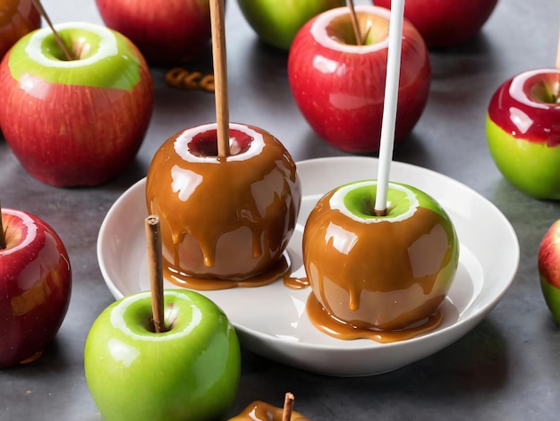 A Plate Of Apples With Caramel Caramel Sauce