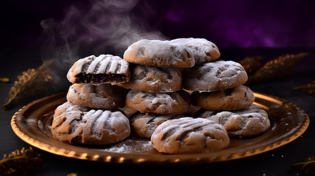 A plate of Arabian Kahk cookies with a gold plate with a teapot in the background