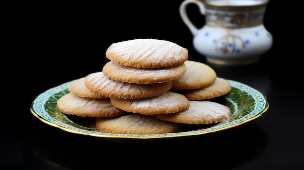 A plate of Arabian Kahk cookies with a gold plate with a teapot in the background