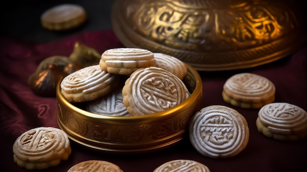 A plate of Arabian Kahk cookies with a gold plate with a teapot in the background