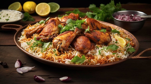 A plate of aromatic chicken biryani featuring flavorful basmati rice spiced chicken and garnishes