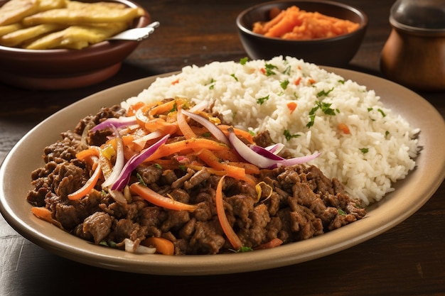 A plate of arroz tapado rice and beef dish