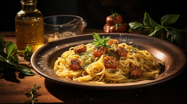 A plate of artisanal pasta drizzled with rich olive oil and sprinkled with fresh herbs