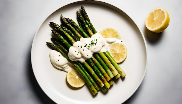 Photo a plate of asparagus and white sauce with lemon slices asparagus day