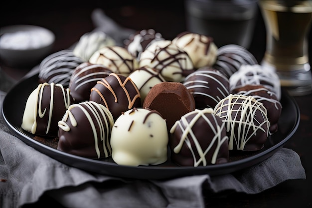 Plate of assorted chocolate truffles with drizzle of white and milk chocolate