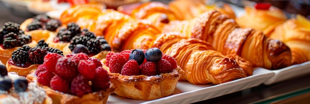 Photo plate of assorted pastries showcasing a variety of flaky croissants fruit tarts and cream puffs in vibrant detail generative ai