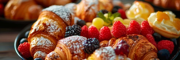 plate of assorted pastries showcasing a variety of flaky croissants fruit tarts and cream puffs in vibrant detail Generative AI