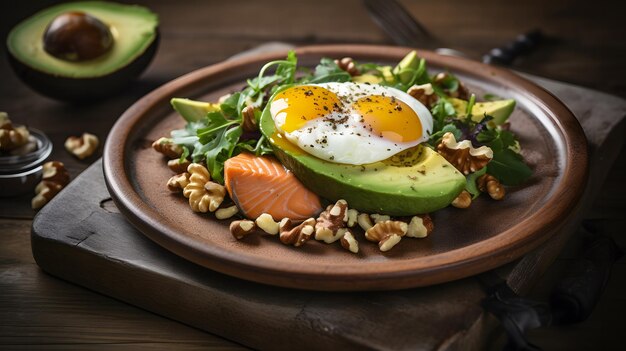 A plate of avocado, avocado, and toast with walnuts