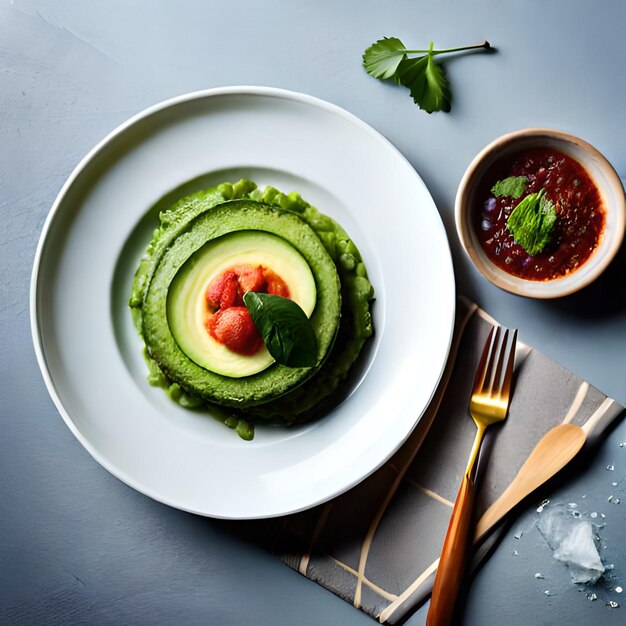 A plate of avocado salad with a small bowl of tomato sauce next to it.