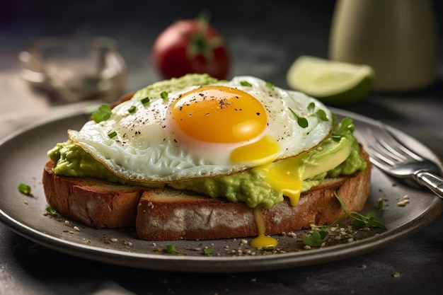 A plate of avocado toast with an egg on it