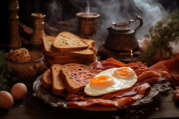 A plate of bacon eggs and toast on a table Generative AI image