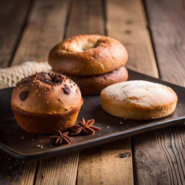 A plate of bagels with one that has a face on it