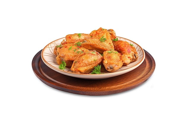 A plate of baked chicken wings in the asian style and tomatoes sauce isolated on white background