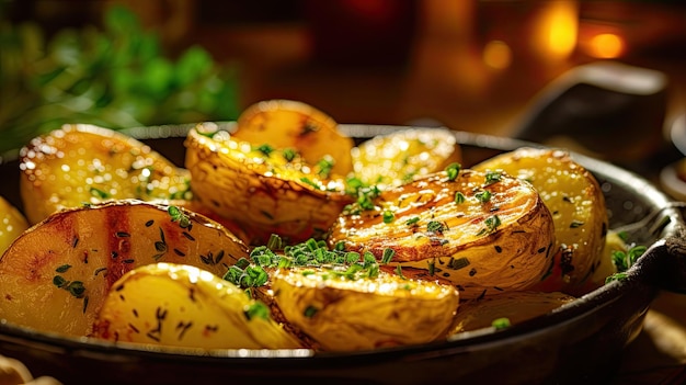 a plate of baked potatoes with herbs