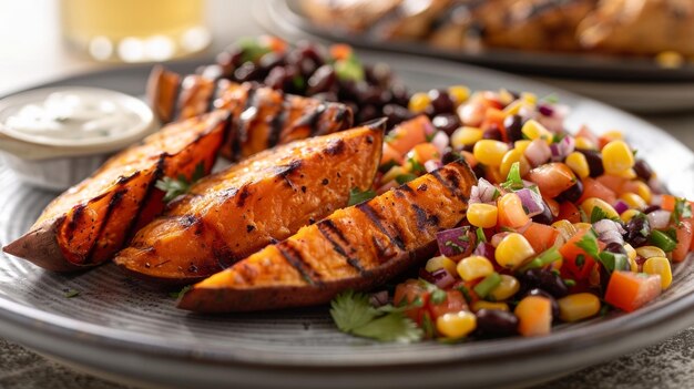 A plate of baked sweet potato wedges served with a side of black bean and corn salsa and grilled