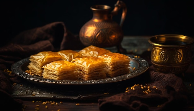 A plate of baklava with a copper cup and a copper tea pot