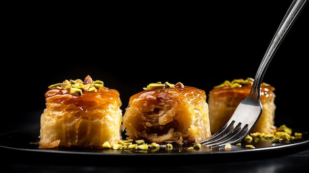 Photo a plate of baklava with a fork on it