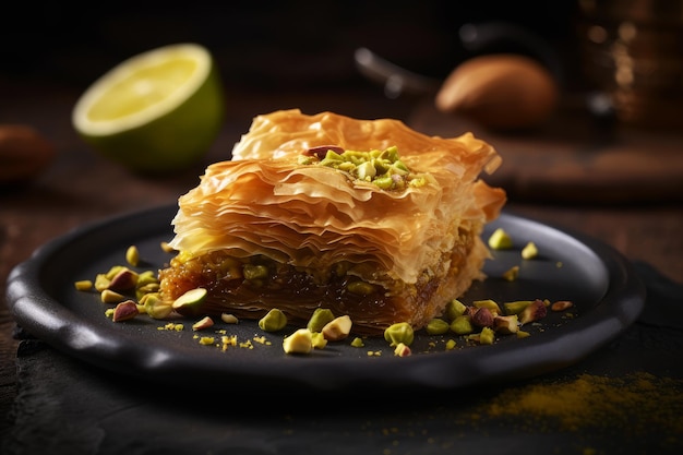 Photo a plate of baklava with pistachios on it