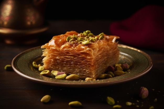 A plate of baklava with pistachios on it