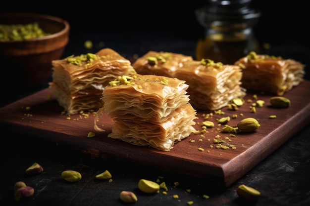 A plate of baklava with pistachios on it