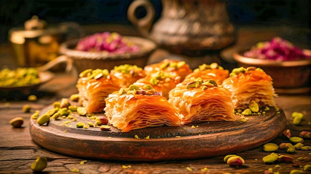 A plate of baklava with a variety of other desserts on it