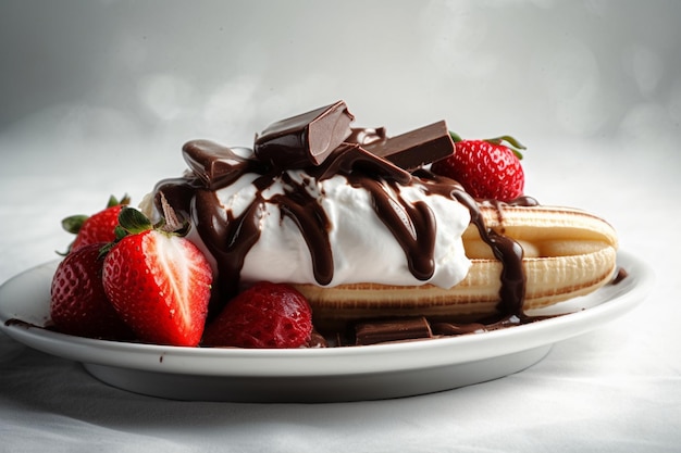 A plate of banana split with strawberries and chocolate on it