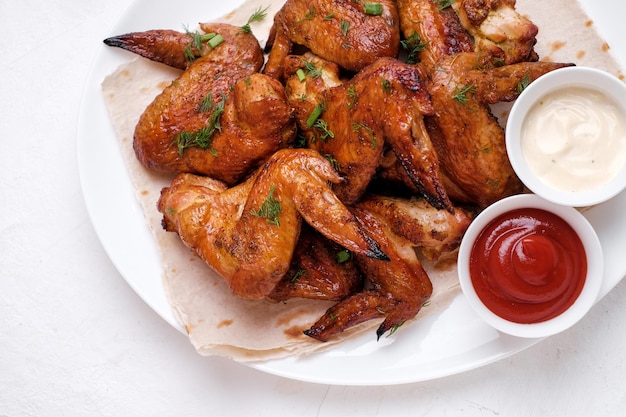 Plate of barbecue chicken wings on white background Top view Copyspace