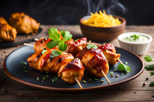 A plate of bbq chicken skewers with a side of cheese