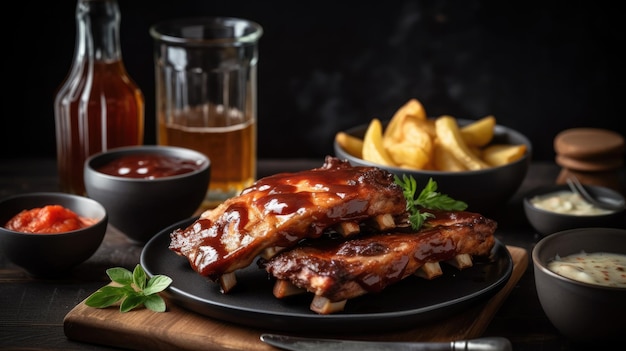 A plate of bbq ribs with fries and beer on the side.