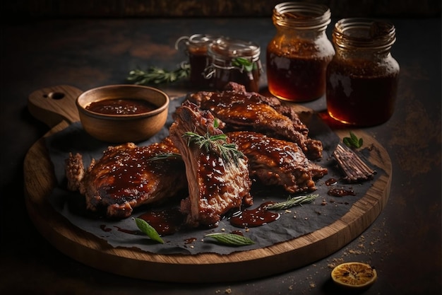 A plate of bbq ribs with sauce and a jar of jam.