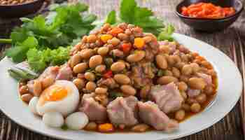 Photo a plate of beans beans beans and eggs on a table