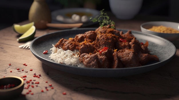 A plate of beef rendang with rice