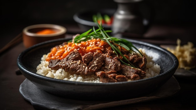 A plate of beef and rice with a bowl of rice and garnishes.