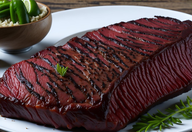 A plate of beef steak with a grilled meat on it.