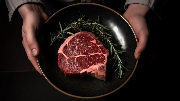 A plate of beef with a sprig of rosemary on it