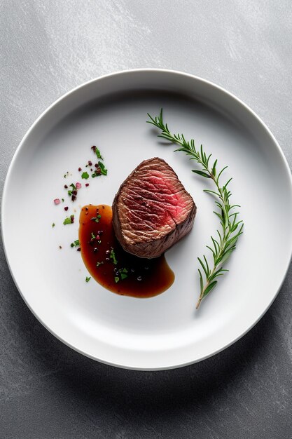 A plate of beef with a sprig of rosemary on it