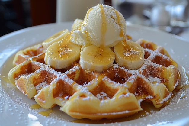 A plate of Belgian waffles paired with a scoop of vanilla ice cream and caramelized bananas