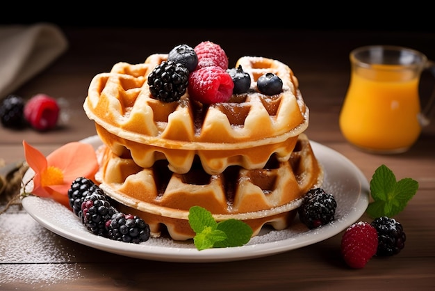 Plate of belgian waffles with fresh berries and powdered sugar Generated AI