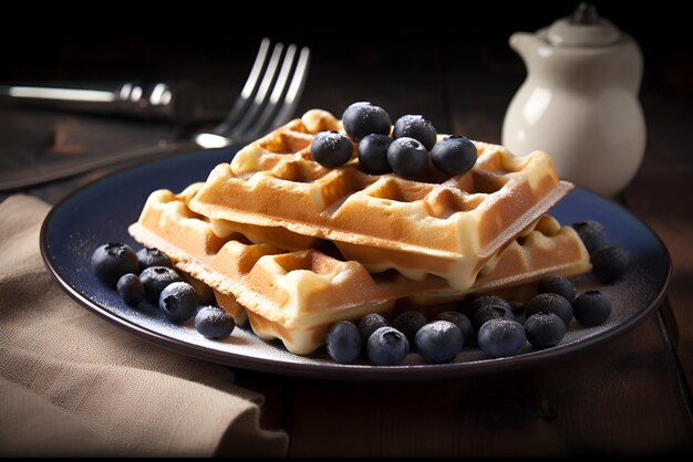 Plate of belgian waffles with fresh blueberry Generated AI