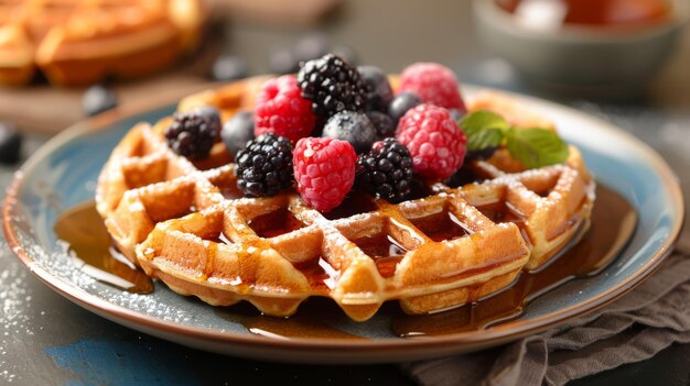 A plate of Belgian waffles with maple syrup and berries on top