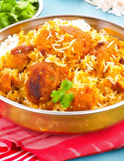 A plate of biryani with a bowl of rice and a bowl of food on the table generated by ai