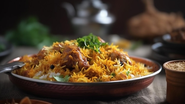 A plate of biryani with a bowl of rice and a bowl of green herbs.