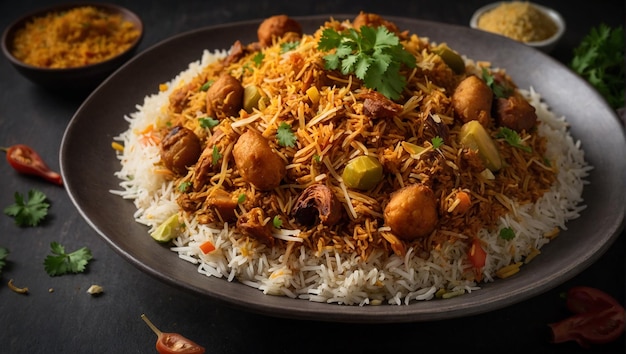 A plate of biryani with a bunch of food on it